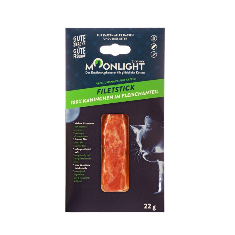 Moonlight Dinner filet z królika 22 g, paseczek mięsa królika w zielonej nakładce, opakowanie dla kota, wyraźny branding Moonlig