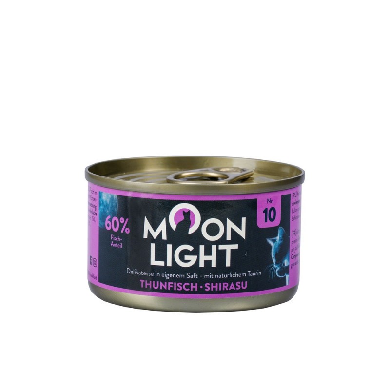 Karma dla kotów Moonlight Dinner uzupełniająca w puszce z różową etykietą Moon Light Thunfisch Shirasu, 60% ryby.