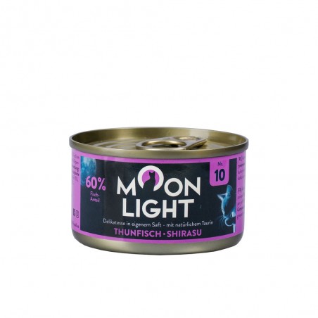 Karma dla kotów Moonlight Dinner uzupełniająca w puszce z różową etykietą Moon Light Thunfisch Shirasu, 60% ryby.