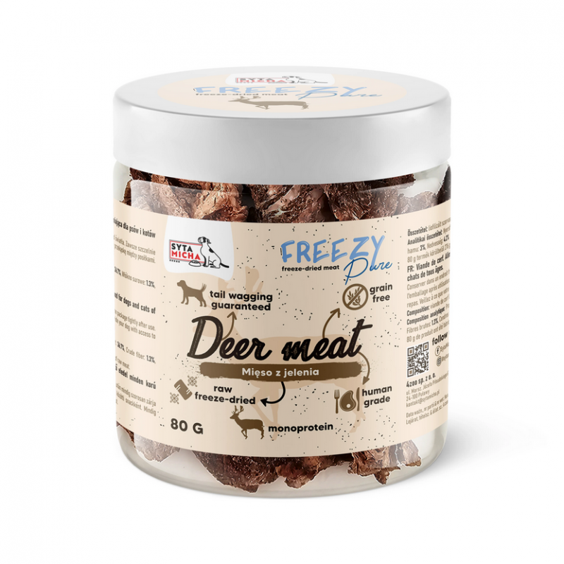 Deer meat - mięsko z jelenia w słoiczku 80 g, przysmak freeze-dried typu jerky, syta micha freezy pure.