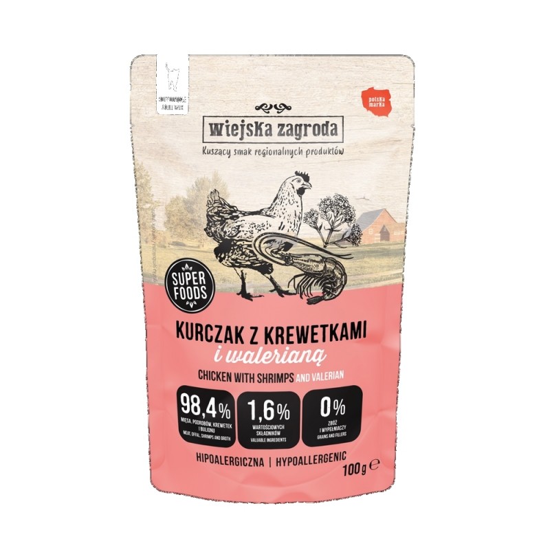 Wiejska zagroda karma dla kotów dorosłych kurczak z krewetką 100g