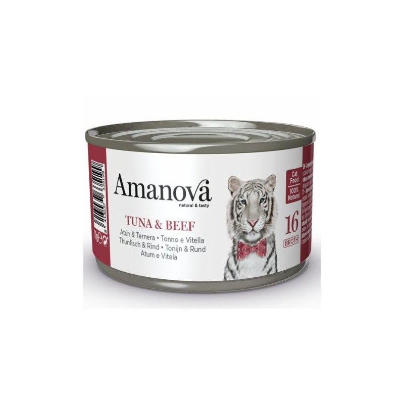 Amanová Cat Tuna & Beef - tuńczyk i wołowina w bulionie 70g, puszka z tygrysem-białą kotką w czerwonym krawacie, etykieta Amanov