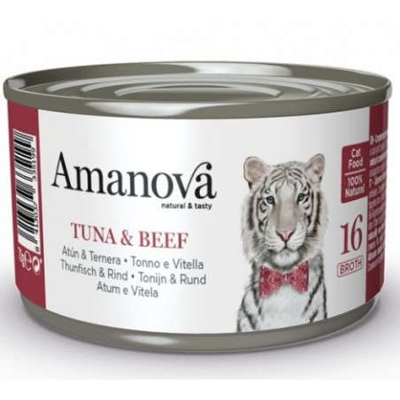 Amanová Cat Tuna & Beef - tuńczyk i wołowina w bulionie 70g, puszka z tygrysem-białą kotką w czerwonym krawacie, etykieta Amanov