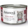 Amanová Cat Tuna & Beef - tuńczyk i wołowina w bulionie 70g, puszka z tygrysem-białą kotką w czerwonym krawacie, etykieta Amanov