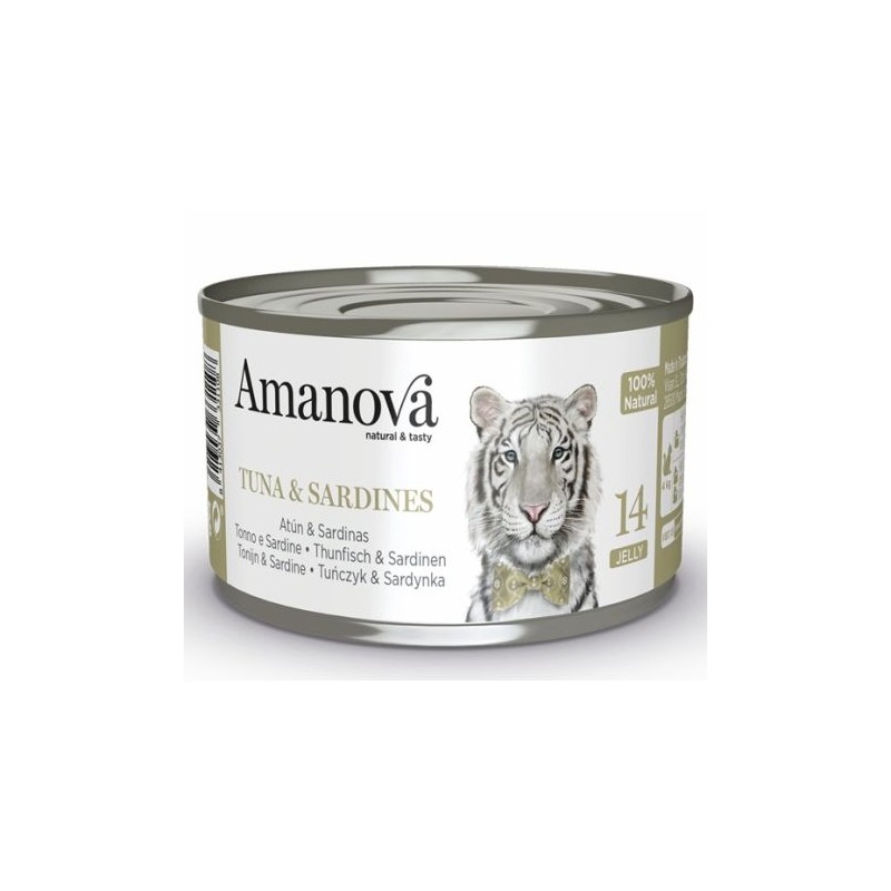 Amanova Cat Tuna & Sardines w galaretce 70g, puszka z białą etykietą, tygrys na froncie i napis 14 jelly, 100% natural.