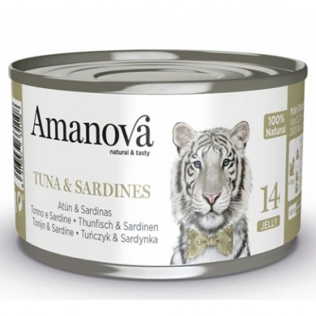 Amanova Cat Tuna & Sardines w galaretce 70g, puszka z białą etykietą, tygrys na froncie i napis 14 jelly, 100% natural.