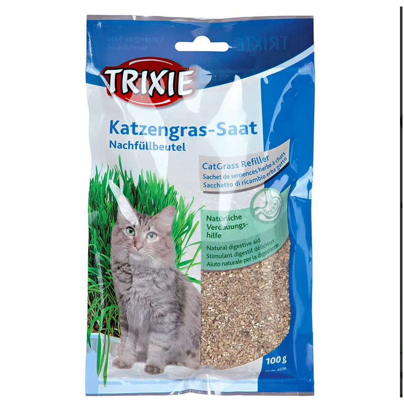Trixie trawka dla kotów 100 g w niebieskim opakowaniu z kotem i zieloną trawą, zasiana mieszanka ziołowa do żurawiny.