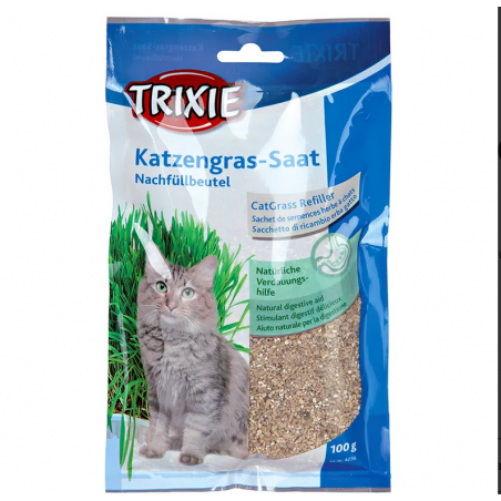 Trixie trawka dla kotów 100 g w niebieskim opakowaniu z kotem i zieloną trawą, zasiana mieszanka ziołowa do żurawiny.