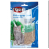 Trixie trawka dla kotów 100 g w niebieskim opakowaniu z kotem i zieloną trawą, zasiana mieszanka ziołowa do żurawiny.