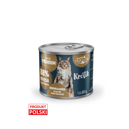 Królik w puszce mokrej karmy OakFarm mono 200 g, PREMIUM, 88% mięsa, karmą dla kotów dorosłych, polski produkt.