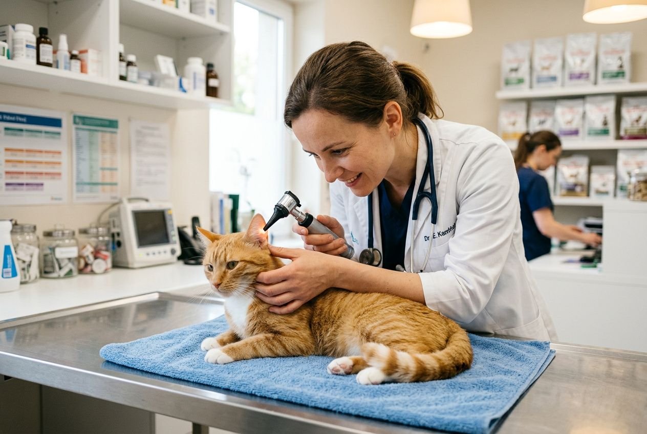 Lekarka bada kota na blacie kliniki, używając otoskopu, kot leży na niebieskim ręczniku podczas rutynowej wizyty. alergy u kota -- objawy naturalnie wpisane.